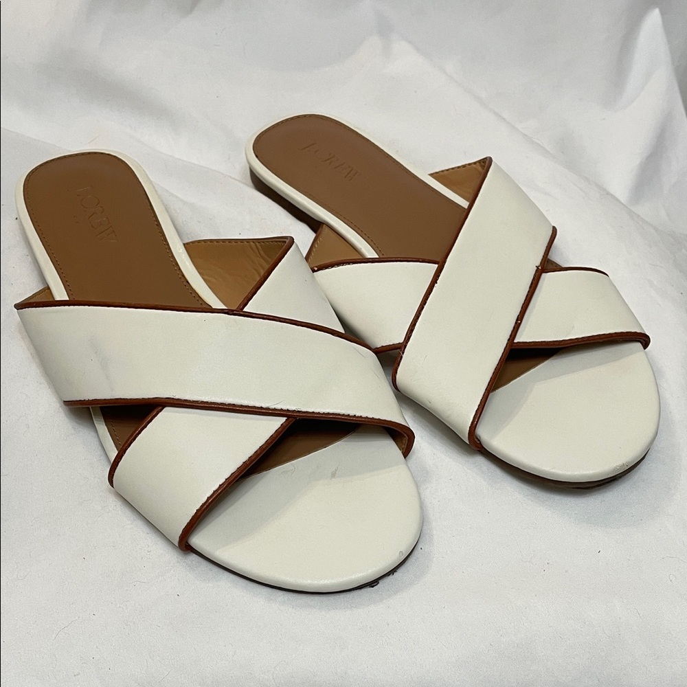 J. Crew Factory White & Tan Strappy Crisscross Classic Preppy Slide Sandals, 8